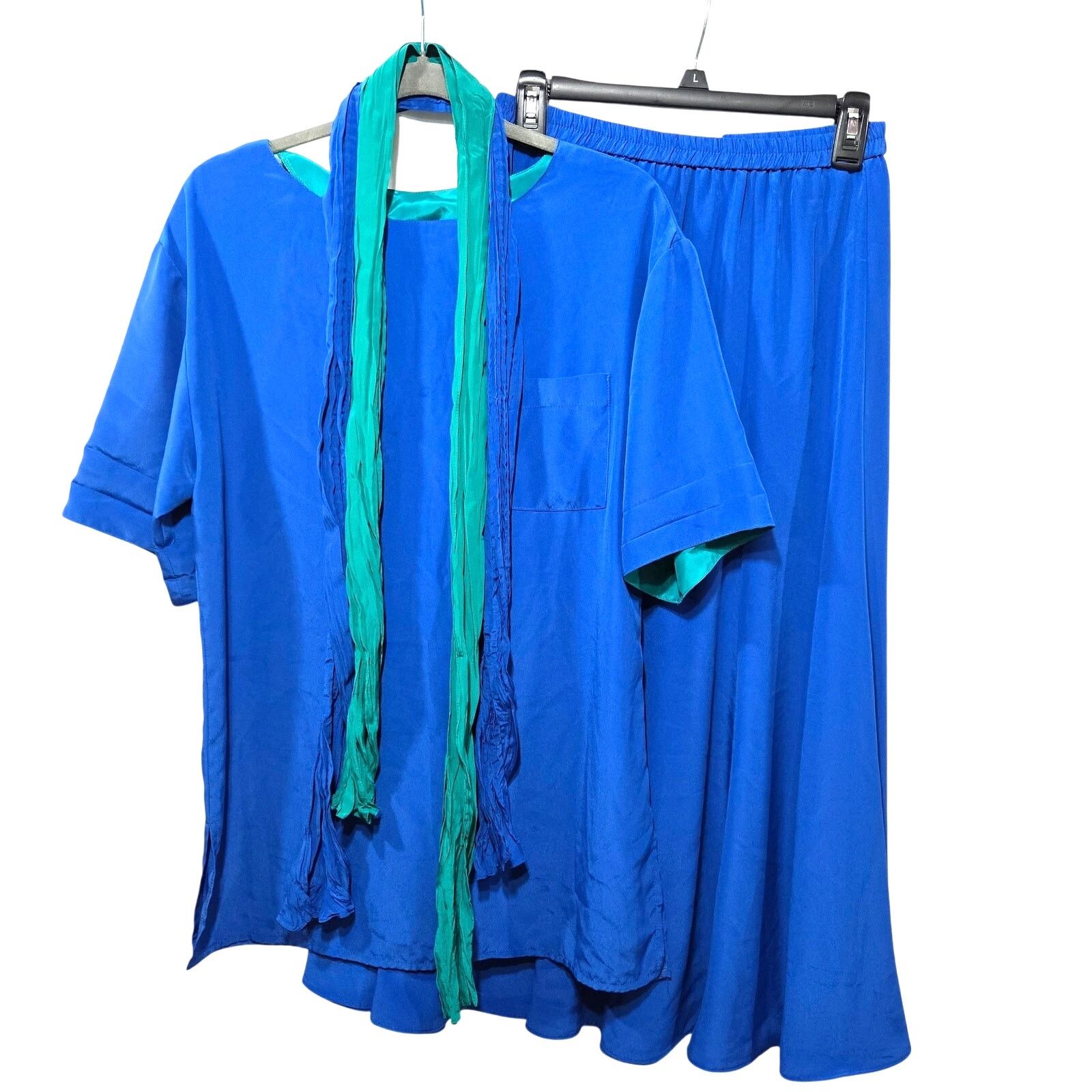 Vintage 70s Blue Short Sleeve Top Midi Skirt Scarf 3 Piece Set XL Size XL / US 12-14 / IT 48-50 - 2 Thumbnail
