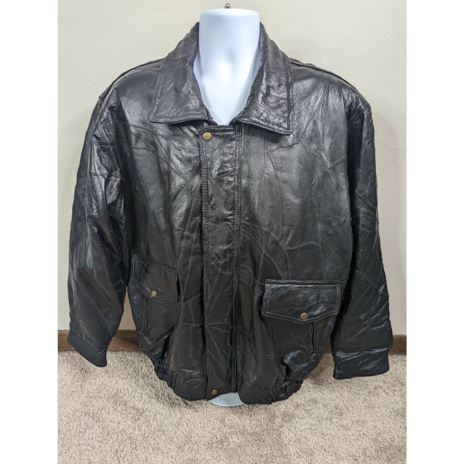Vintage VINTAGE 80s Men’s XL Black Leather Patchwork Jacket Bomber Aviator Flight Coat Biker Quilted Mens Jacket Size US XL / EU 56 / 4 - 2 Thumbnail
