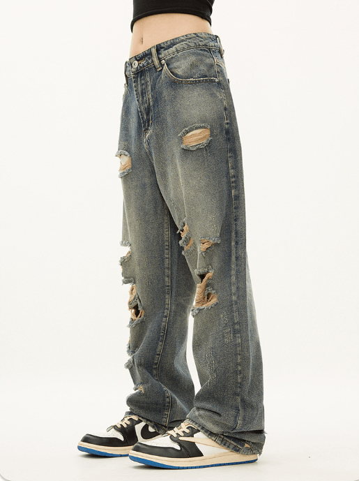 Japanese Brand × Jean Street men's hiphop straight street ripped beggar jeans Size US 32 / EU 48 - 3 Thumbnail