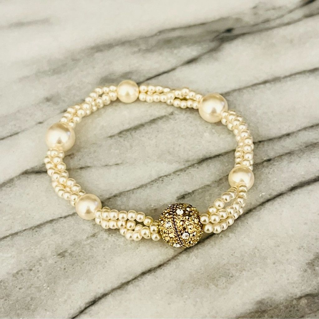 Vintage Vintage Faux Pearl Beaded Bracelet Ornate Gold Pave Crystal Size ONE SIZE - 1 Thumbnail
