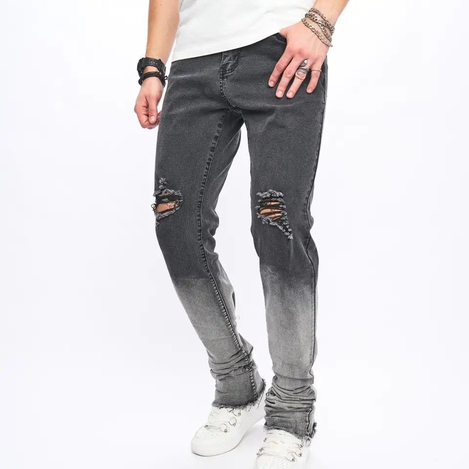 image of Distressed Denim x Vintage Gradient Color Men High Street Holes Slim Stretch Jeans in Black (Size 2