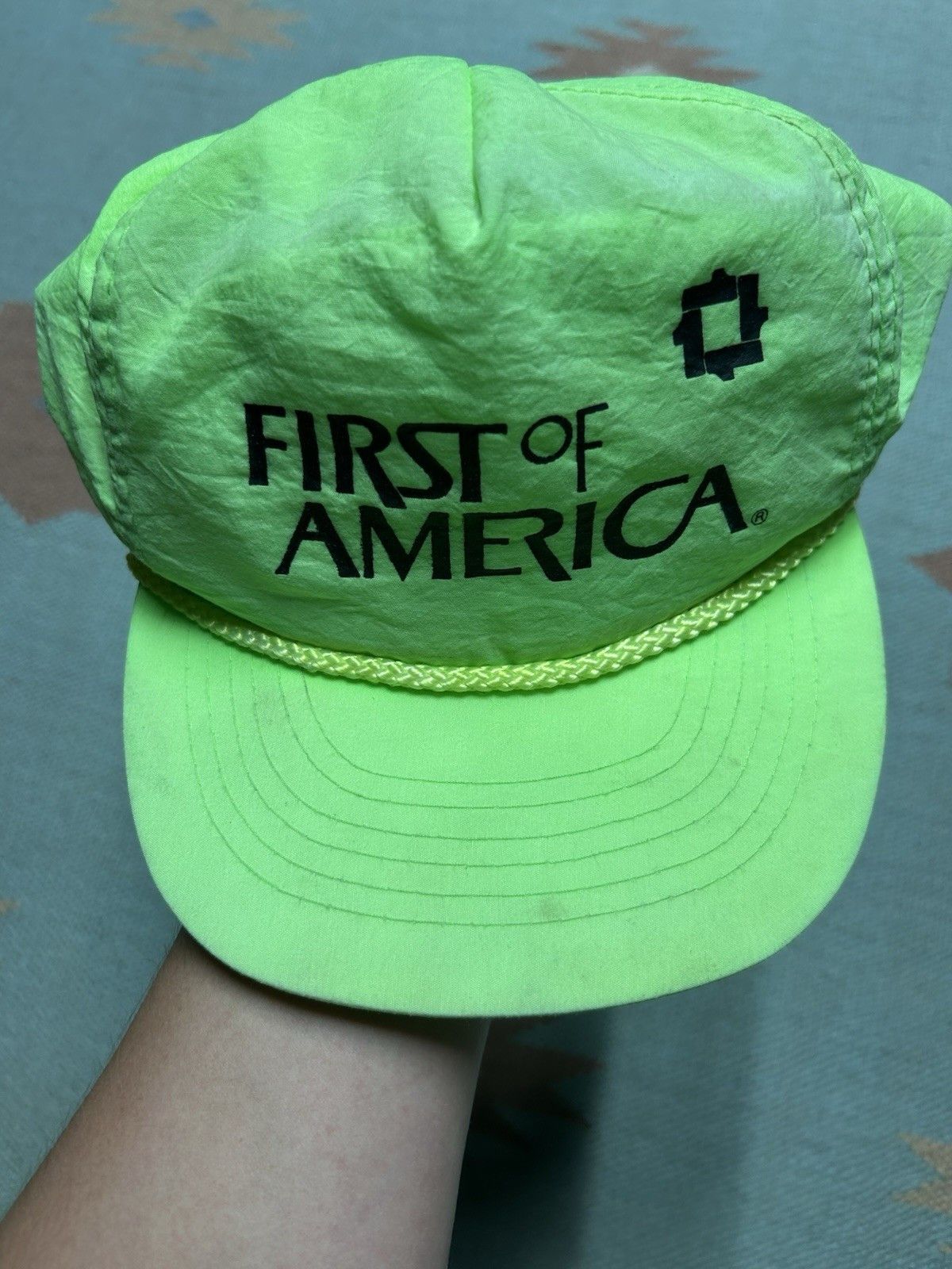 Vintage Vtg 90s SnapBack hat first of America bank hi vis neon nylon Size ONE SIZE - 3 Thumbnail