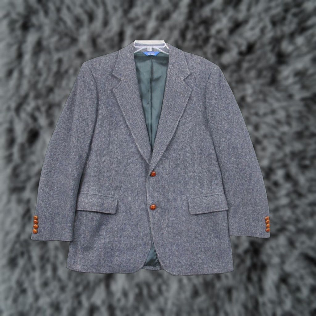 Pendleton Pendleton Blazer Sport Coat Jacket 42 Blue Gray Wool Herringbone Tweed Notch Long Single-Breasted Mens Vintage 42 Big & Tall Size 42R - 1 Thumbnail