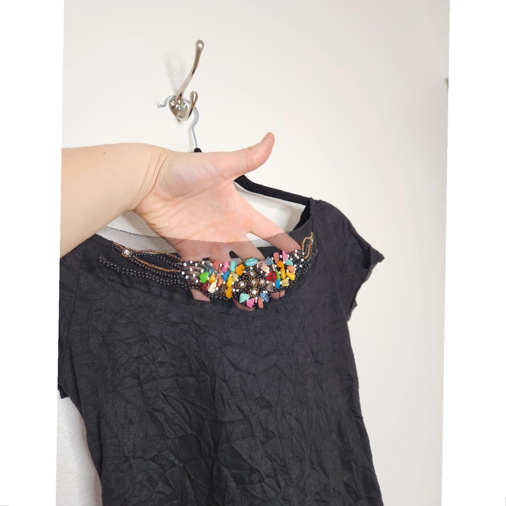 Vintage VINTAGE Beaded Stones Gems Off Shoulder Black Summer Going Out Shirt Size L / US 10 / IT 46 - 3 Thumbnail