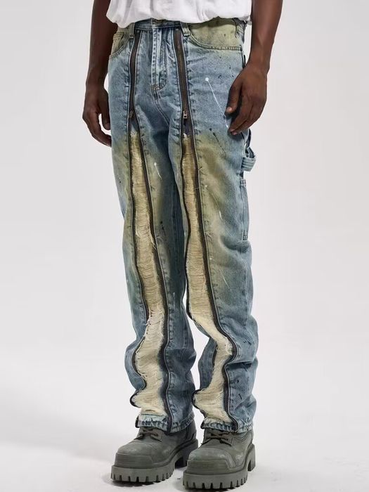Japanese Brand High street double zip washed distressed logging jeans