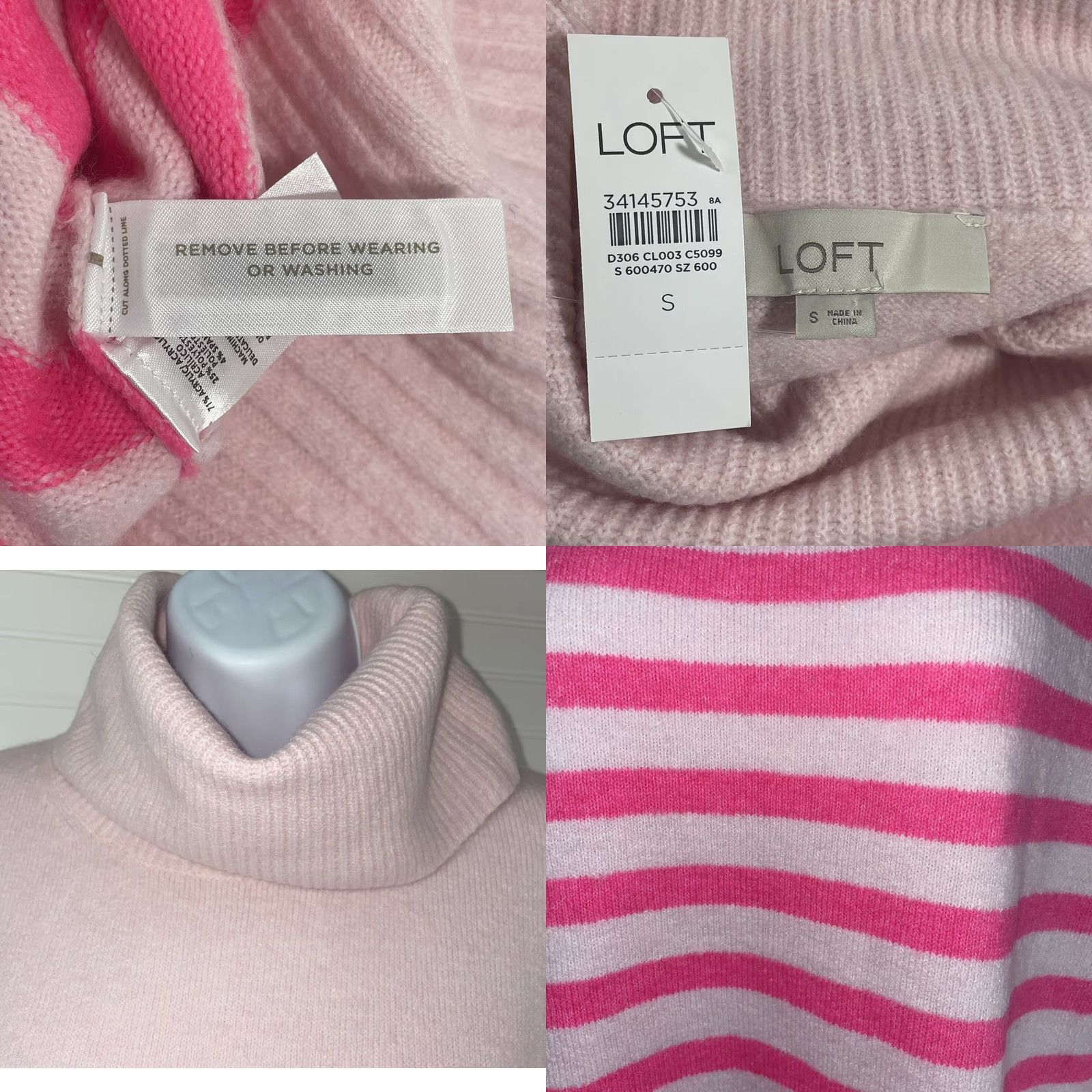 Loft Loft Women Small Cowl Neck Sweater Knit Ribbed Trim Striped Pink NWT Pullover Long Sleeve Regular Fit Size S / US 4 / IT 40 - 9 Thumbnail