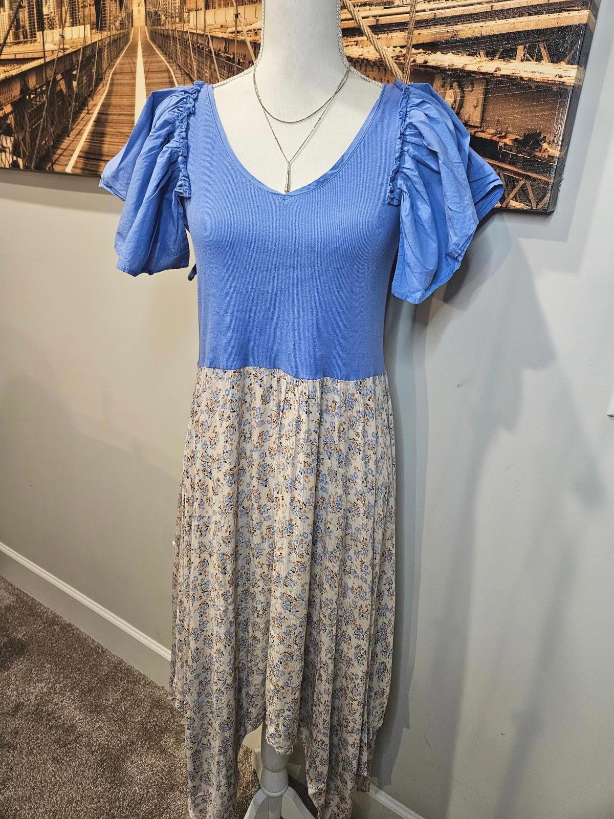 Designer Ophelia Roe Blue Floral Midi Dress with Puff Sleeves Size S / US 4 / IT 40 - 1 Thumbnail