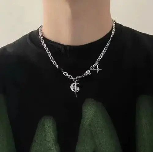 Jewelry Cross Chrome Crescent Moon Chain Silver Goth Vibe Necklace Size ONE SIZE - 7 Thumbnail