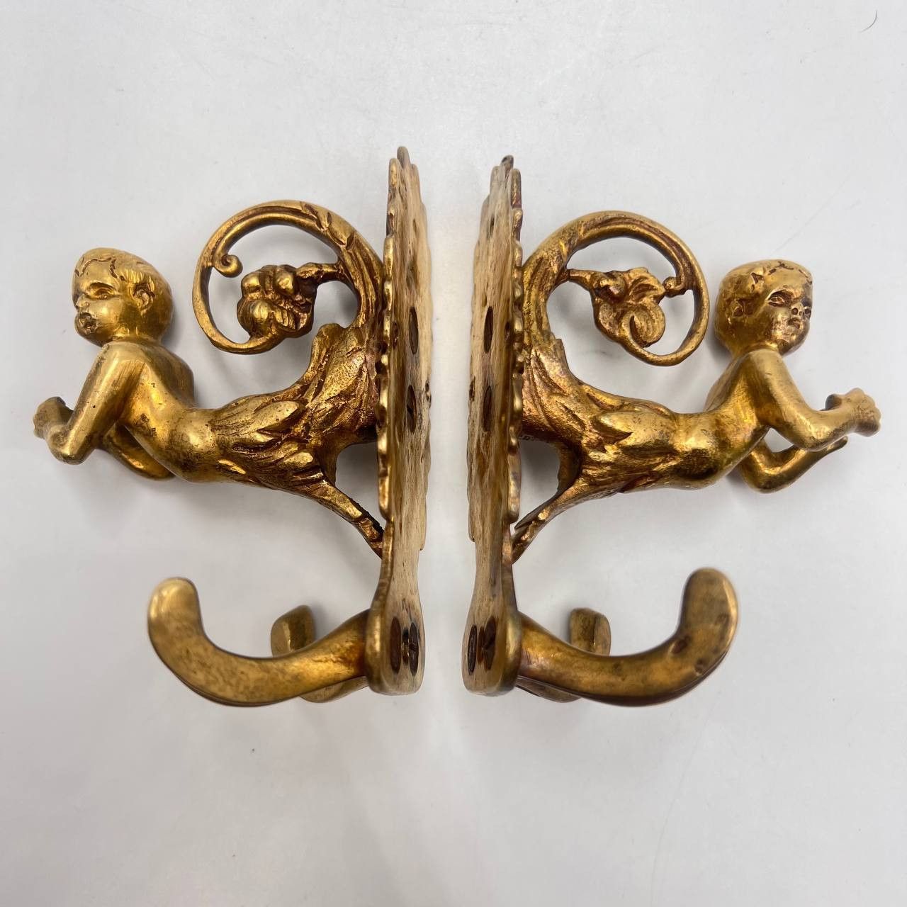 Vintage Pair Massive Bronze Coat Hooks Putti Cherub Baroque Style Size ONE SIZE - 3 Thumbnail