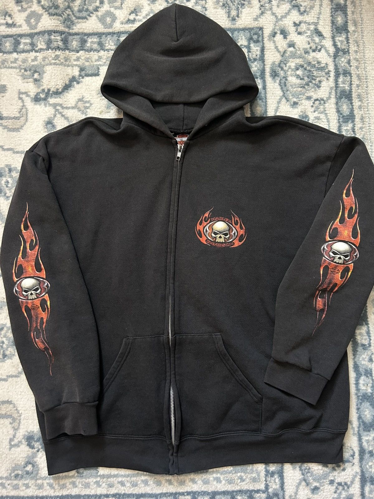 トップス Harley-Davidson Flame Scull Zip Parka Vintage Harley Davidson Men's Full Zip Flaming Skull Hoodie Black