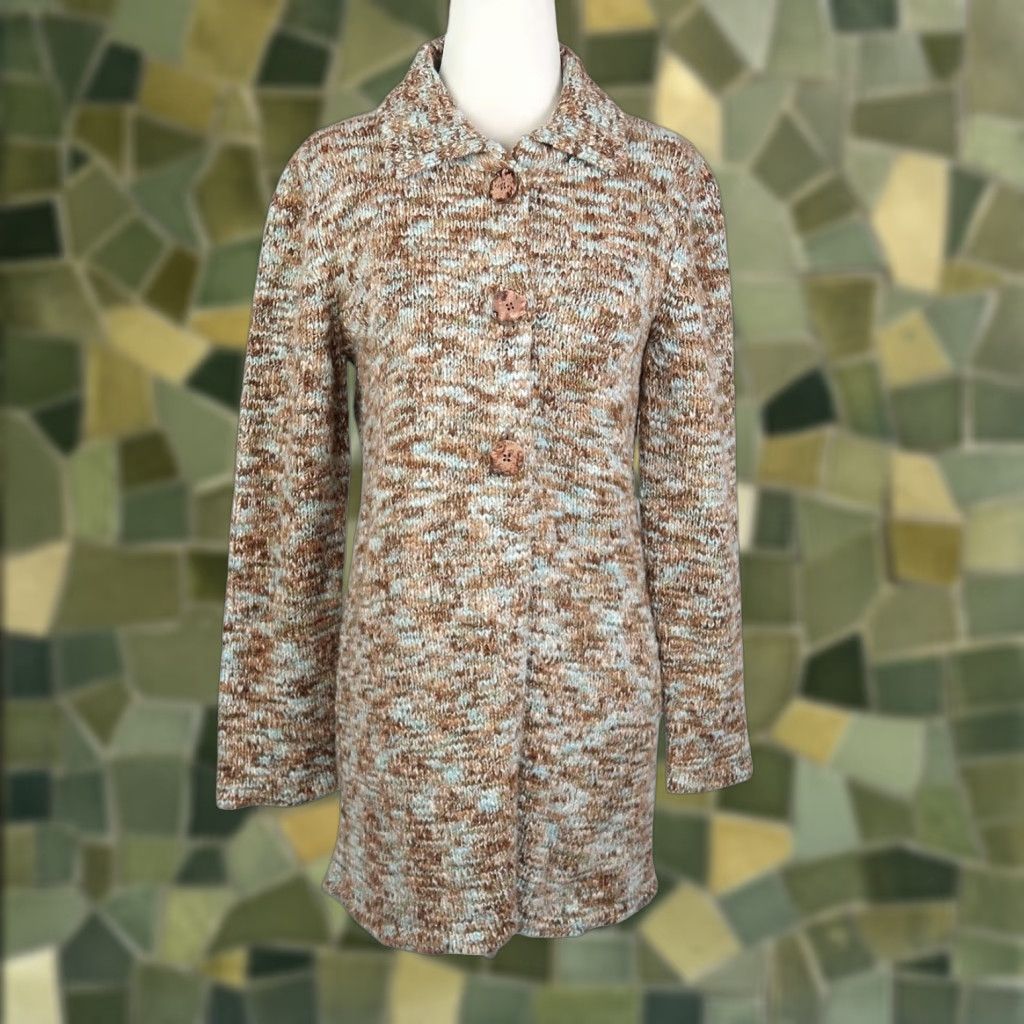 VINTAGE Wind River Cardigan Sweater M Womens 90s Bohemian Knit Marled Brown Blue Long Sleeve