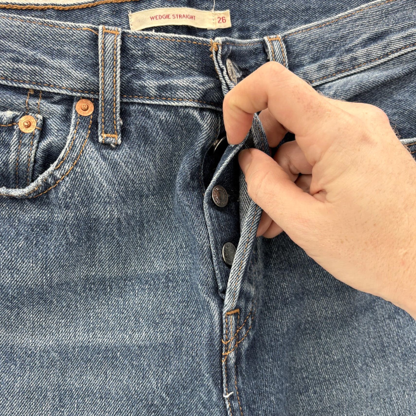 Levi's Levis Premium Wedgie Straight Jeans Womens 26 Blue High Rise Distressed Raw Hem Venues Denim 5-Pocket Design, Button, Logo Womens Jeans Size 26" / US 2 / IT 38 - 4 Thumbnail