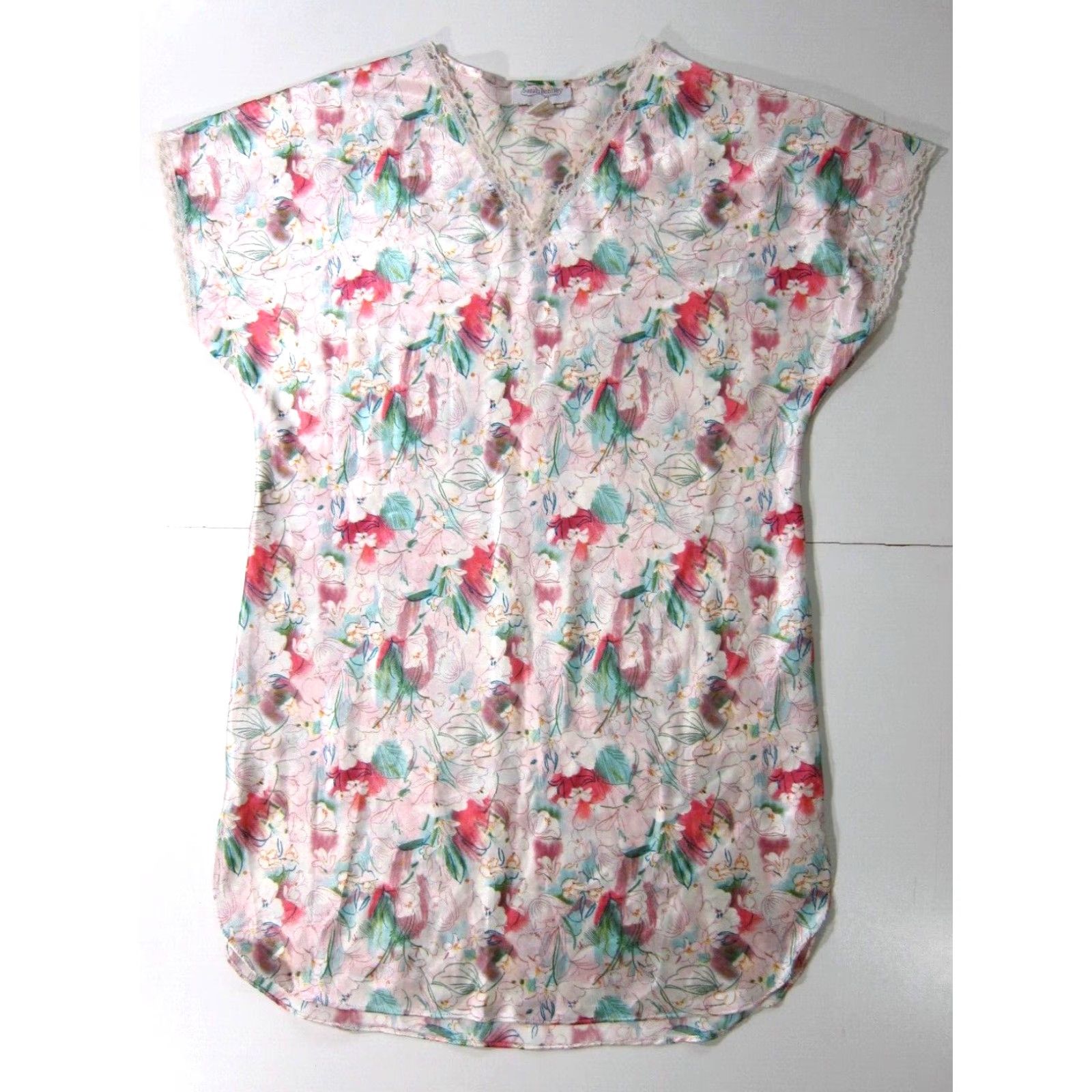 Pinko Vintage Sarah Bentley Intimates Pink Green Floral Lace V-Neck Cami Nightgown M Size ONE SIZE - 2 Thumbnail