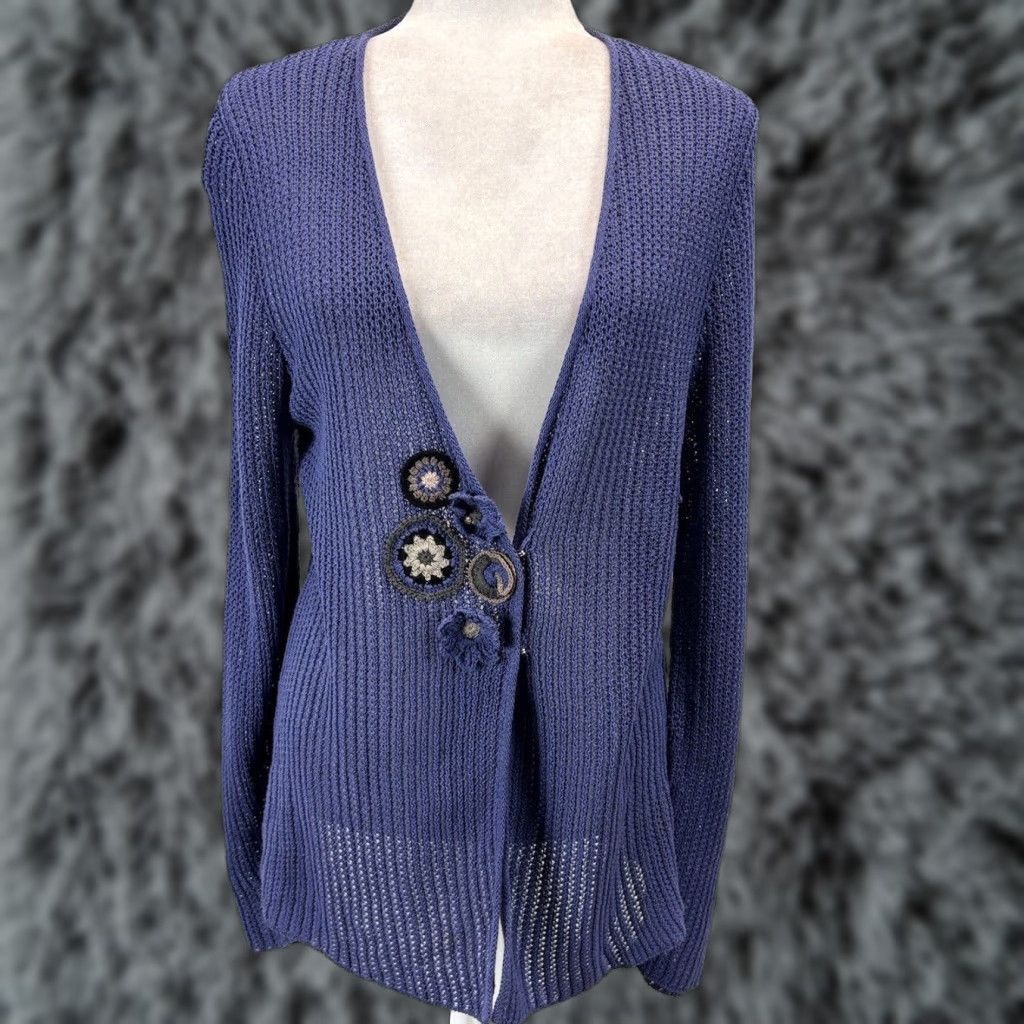 Vintage VINTAGE Beyond Threads Peru Cardigan Sweater Woman Large Blue V-Neck Pima Cotton Knit Women, Cardigan, Blue, L, 100% Pima-Bamboo Blend Size L / US 10 / IT 46 - 1 Thumbnail