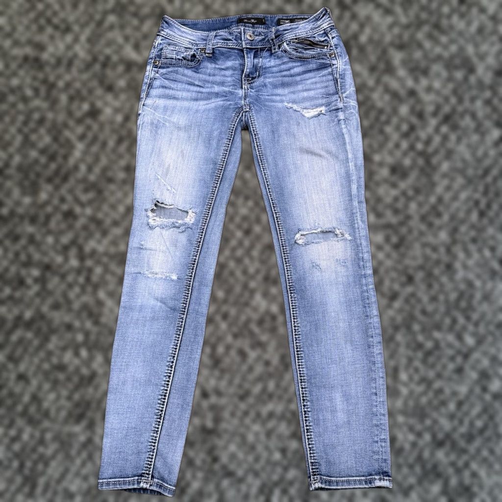 Miss Me Miss Me Jeans Skinny Womens 25X27 Low Rise Distressed Zipper 5-Pocket Denim Blue Size 42" / US 20 - 1 Thumbnail