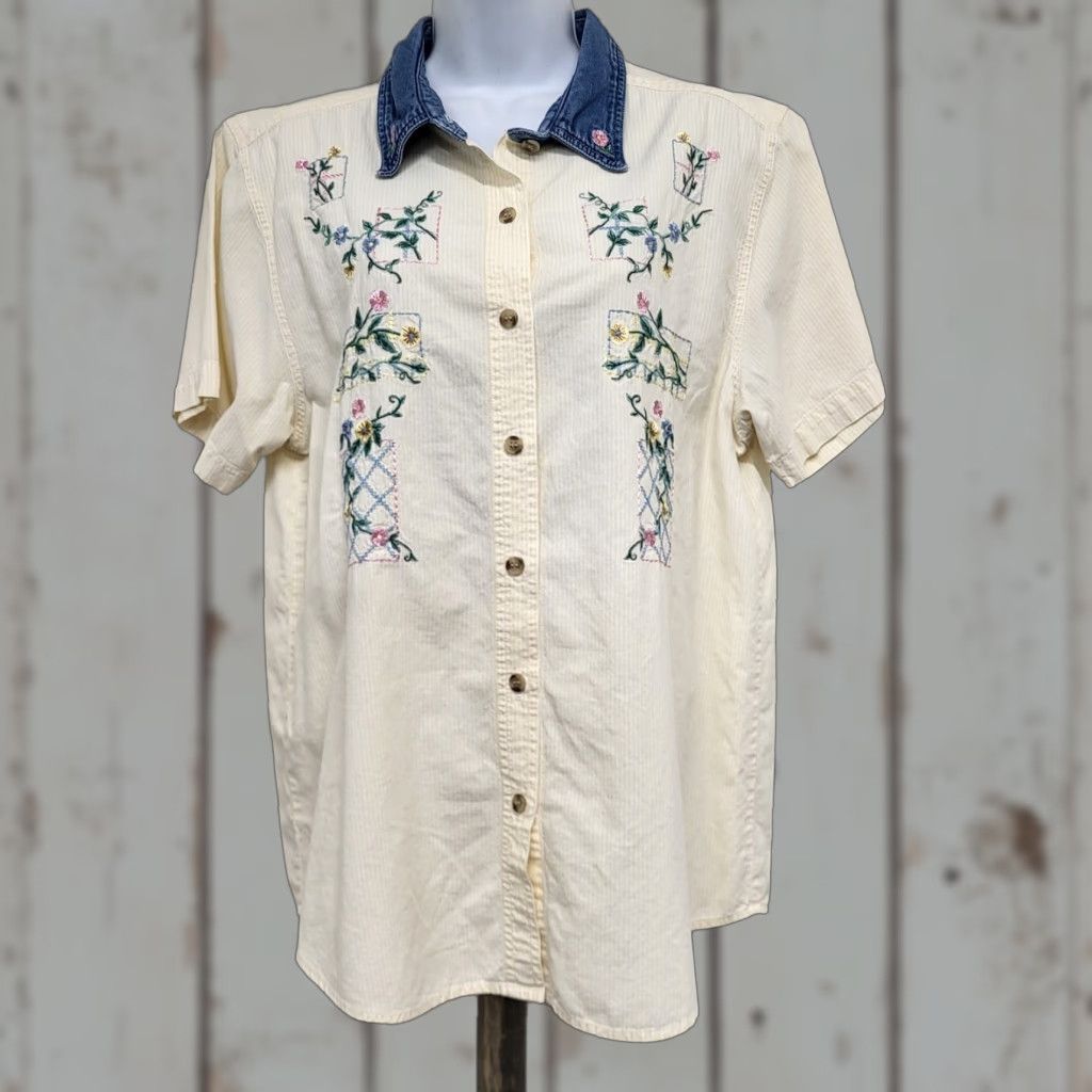 Vintage VINTAGE Bobbi Brooks Women's Shirt L Striped Floral Embroidered Button-Up Yellow Blue 80s Classic Mens Womens Girls Size L / US 10 / IT 46 - 1 Thumbnail