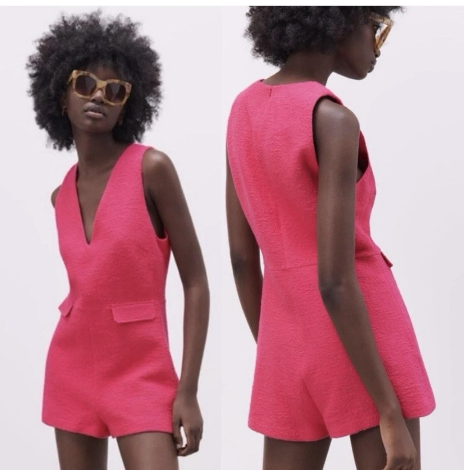 Zara Zara Hot Pink Tweed Textured Weave Romper EUC Size Small Size 28" / US 6 / IT 42 - 2 Thumbnail