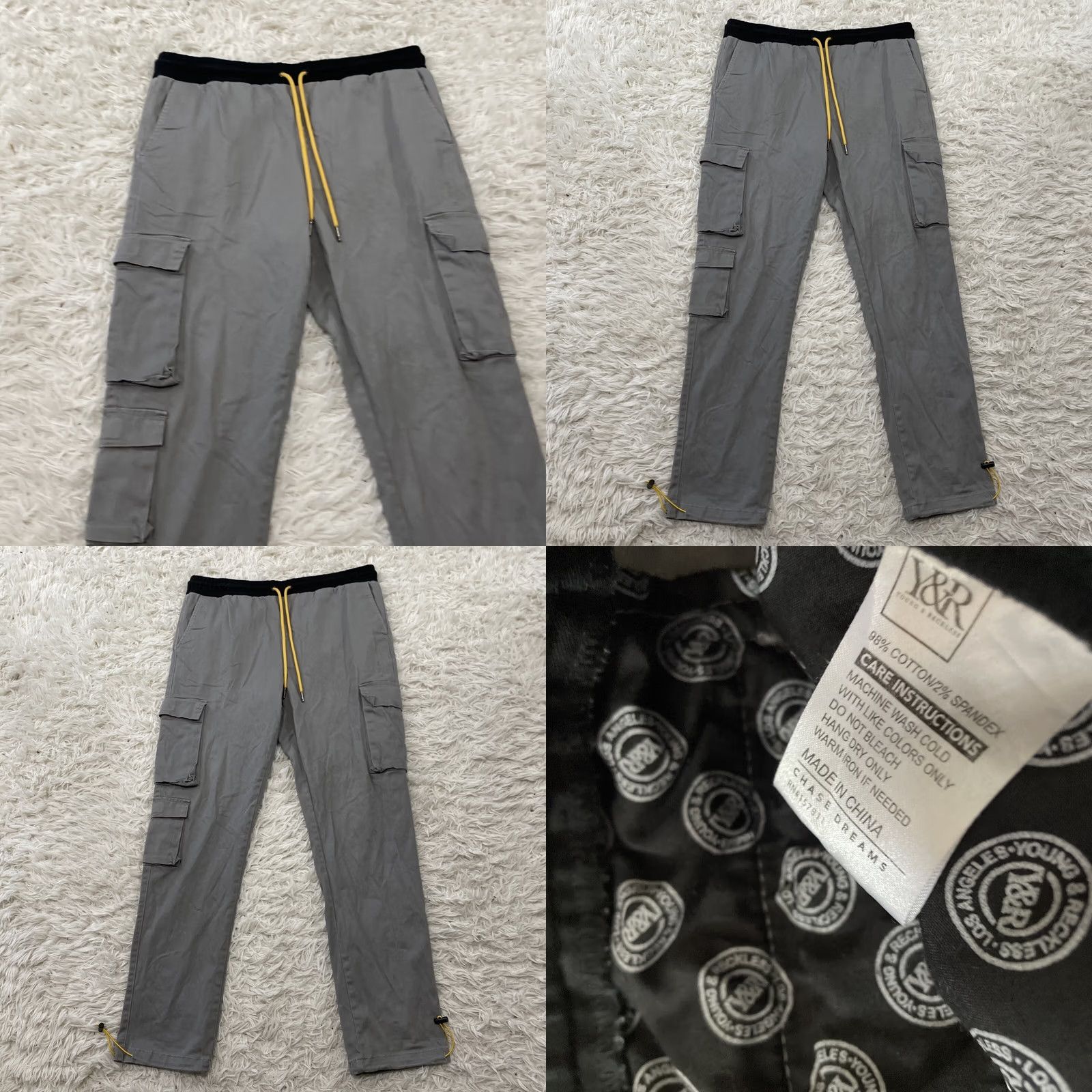 Vintage YOUNG & RECKLESS Cargo Pants Men L 34 Gray Yellow Drawstring Cinch Slim Joggers Size US 33 - 9 Thumbnail