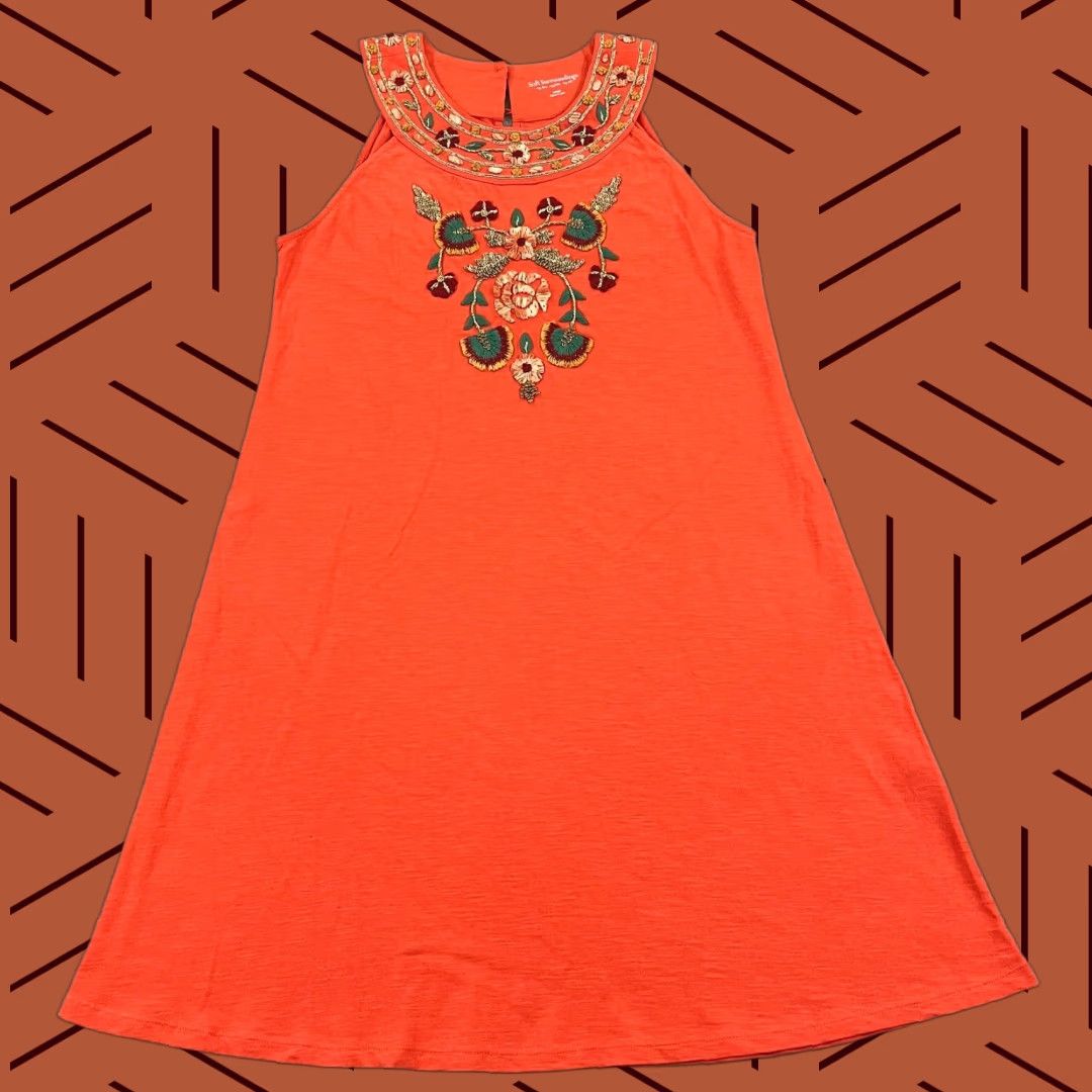 Soft Surroundings Soft Surroundings Dress Womens Large Orange Floral Embroidered Knee Length Cotton Zip Size L / US 10 / IT 46 - 1 Thumbnail
