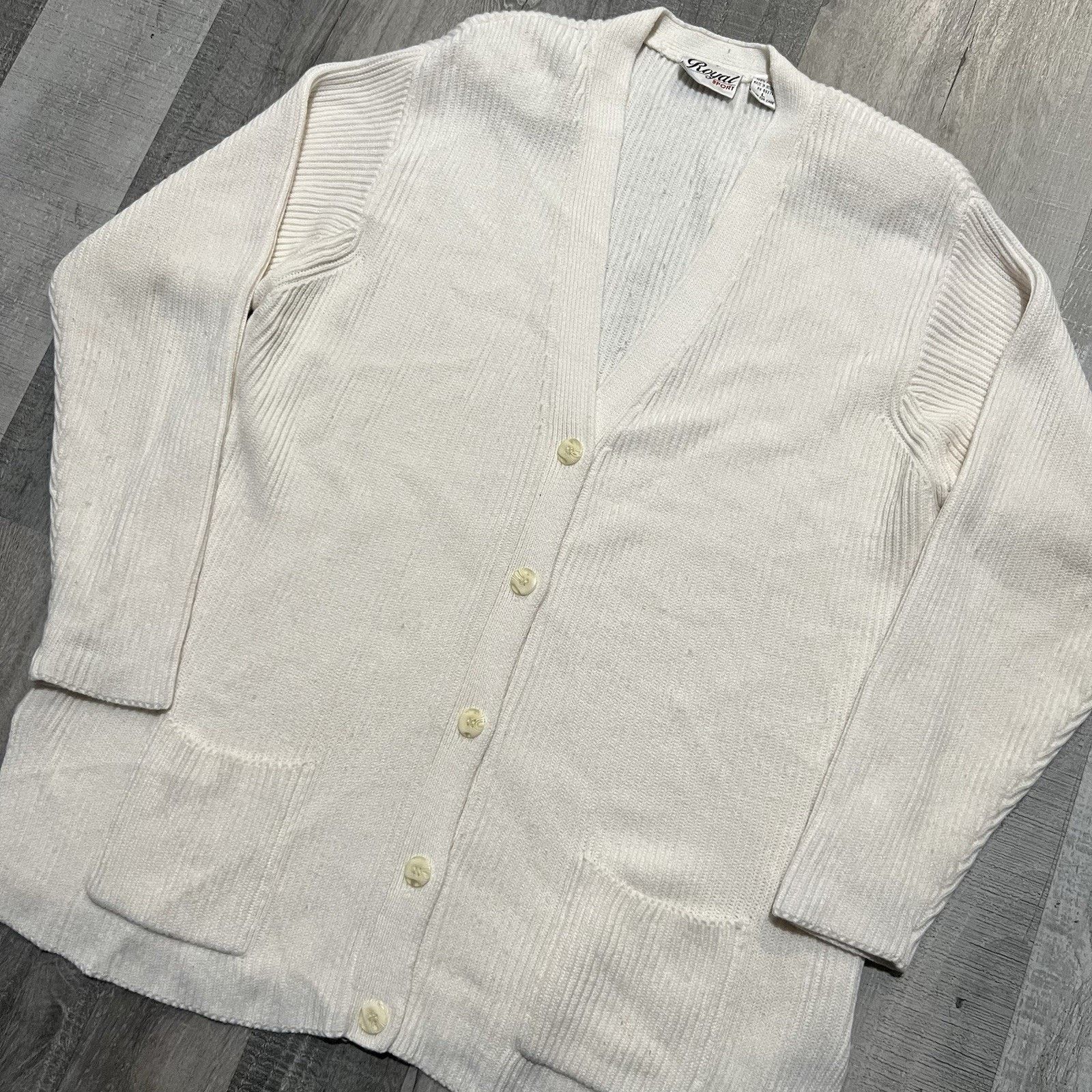 Vintage VTG Royal Sport White Ribbed Knit 5 Button Cardigan Sweater Size L / US 10 / IT 46 - 3 Thumbnail