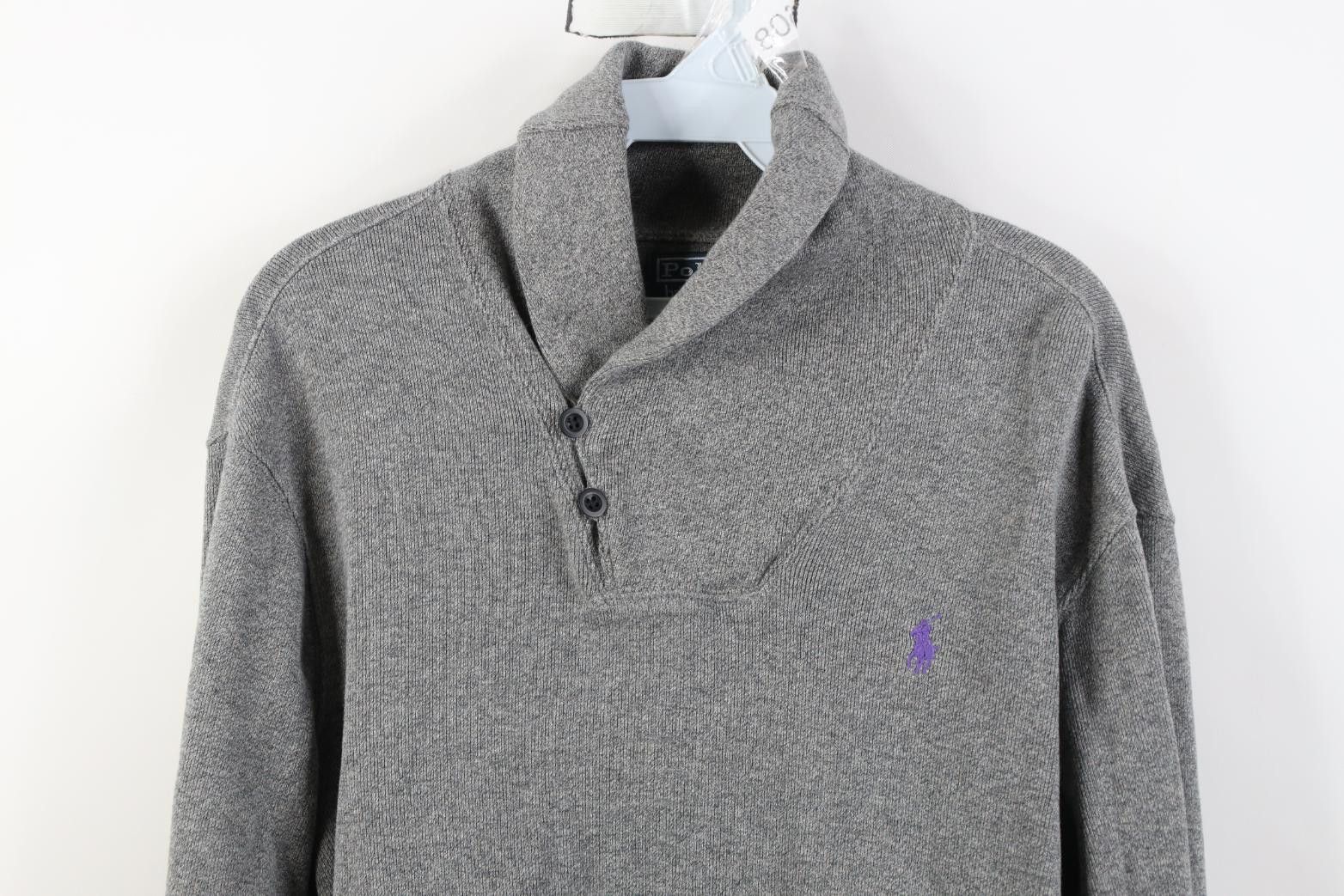Polo Ralph Lauren Vintage 90s Ralph Lauren Cotton Knit Shawl Sweater Gray Size US M / EU 48-50 / 2 - 2 Thumbnail