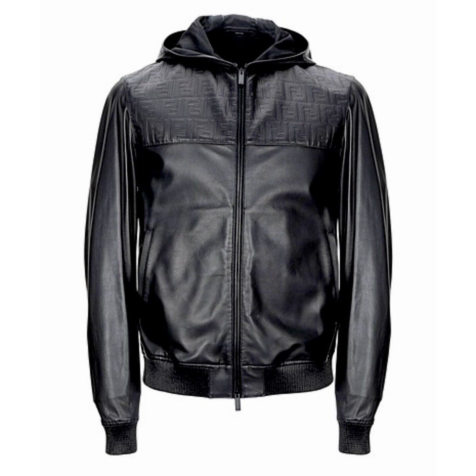 Fendi Fendi Black Leather Embossed Monogram Front Hooded Jacket Size US L / EU 52-54 / 3 - 1 Thumbnail