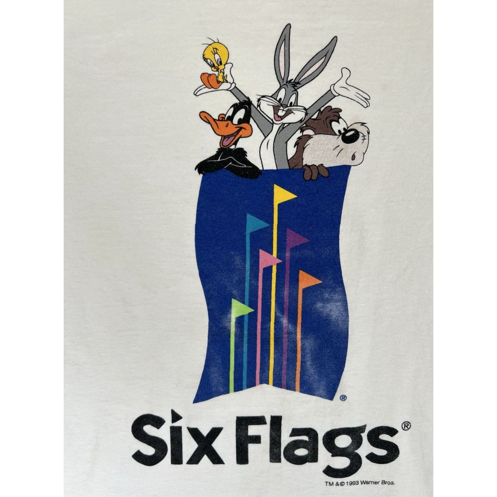 Vintage VINTAGE Six Flags Warner Bros T-Shirt L Men White Cotton 90s USA Bugs Bunny Tweety Cartoon" Size US L / EU 52-54 / 3 - 2 Thumbnail