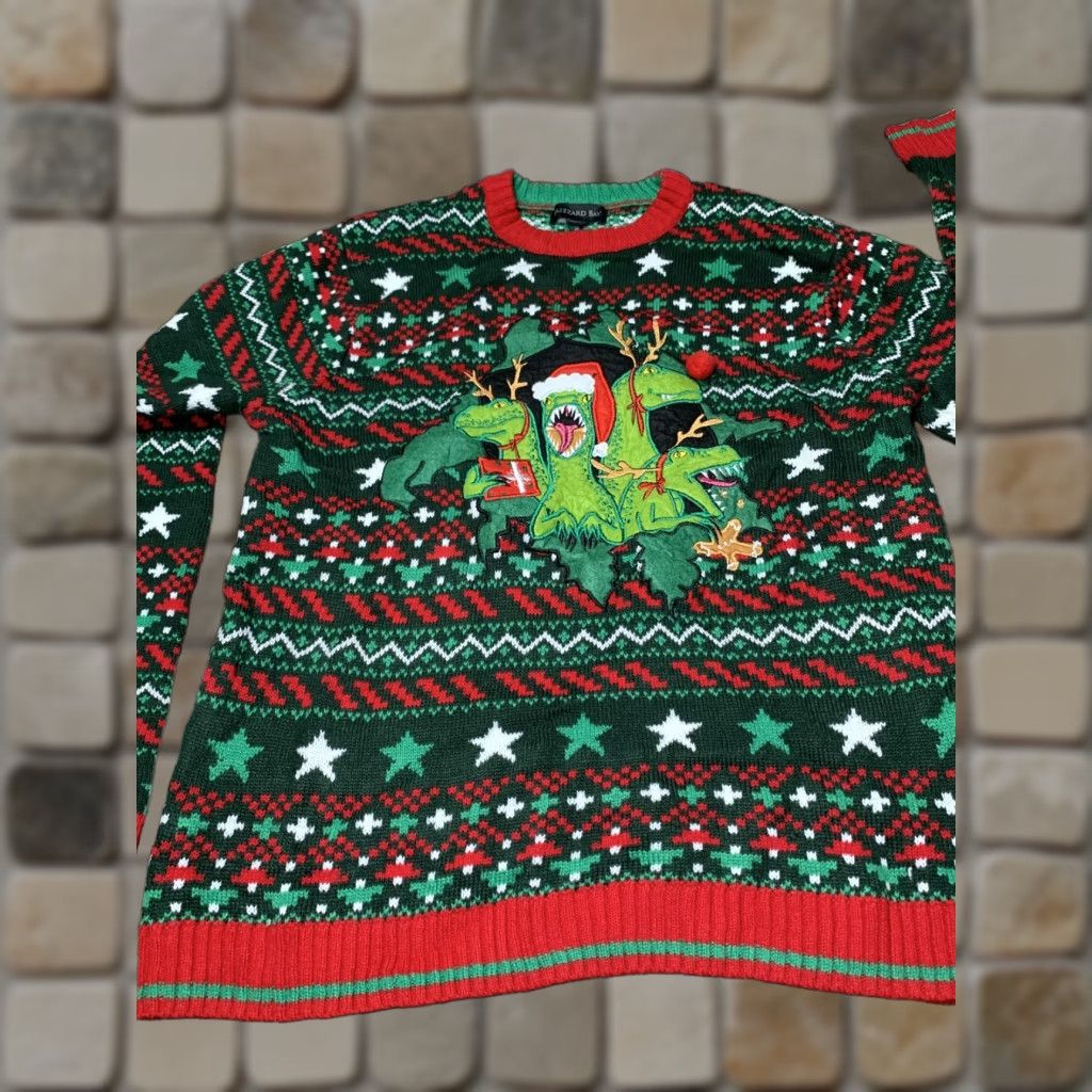 Vintage Ugly Christmas Sweater Dinosaur Blizzard Bay Red White Green XL Men Pullover Knit Acrylic Sweater Size US XL / EU 56 / 4 - 1 Thumbnail