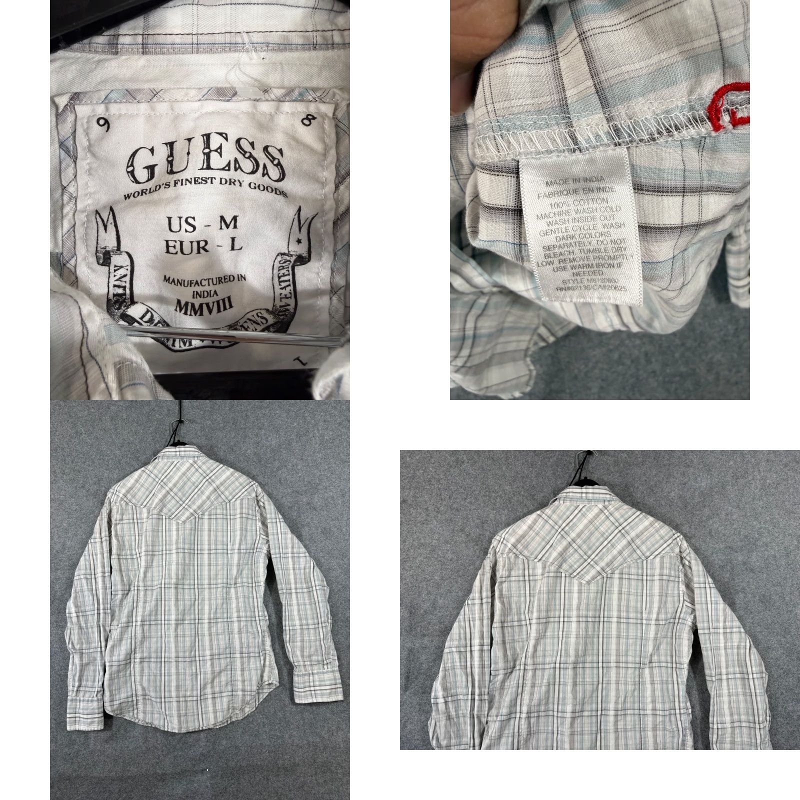 Guess Guess Western Shirt Mens M Gray Plaid Embroidered Snap Front Long Sleeve Cowboy Flap Pockets Size US M / EU 48-50 / 2 - 8 Thumbnail