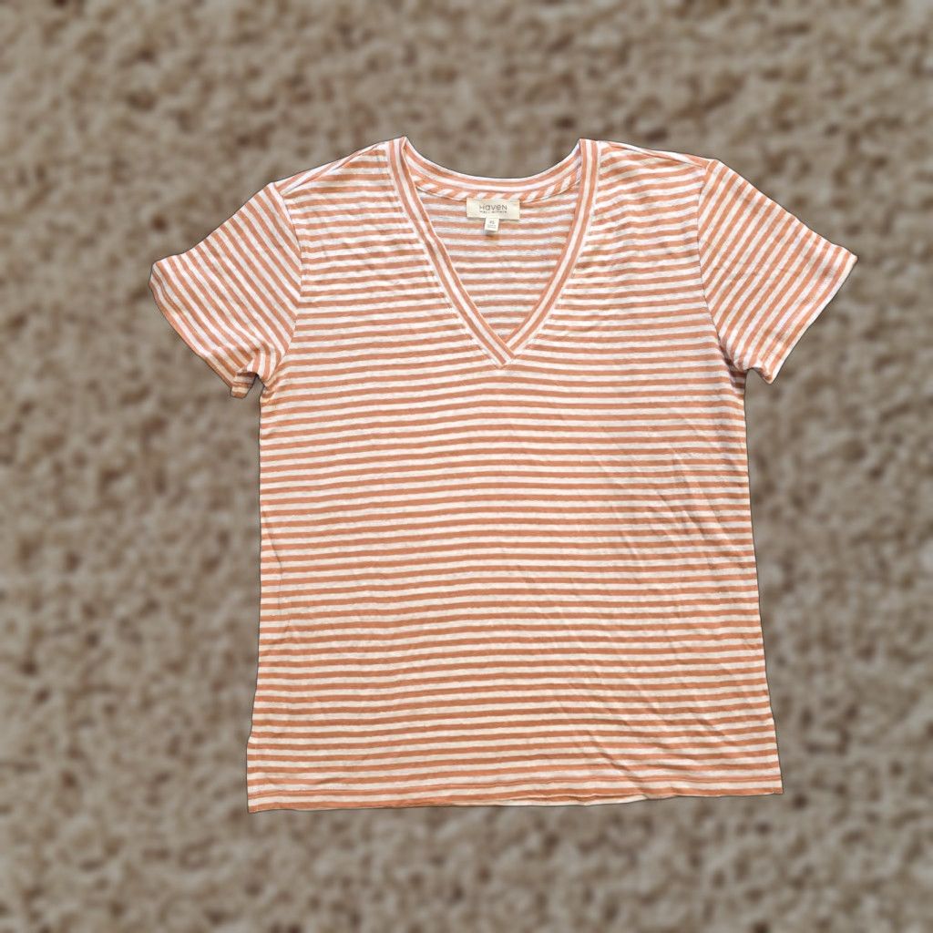 Vintage **Haven Orange White Striped Linen Women's XS T-Shirt** User: **Haven Women's XS Orange White Striped Linen T-Shirt** Size XS / US 0-2 / IT 36-38 - 1 Thumbnail