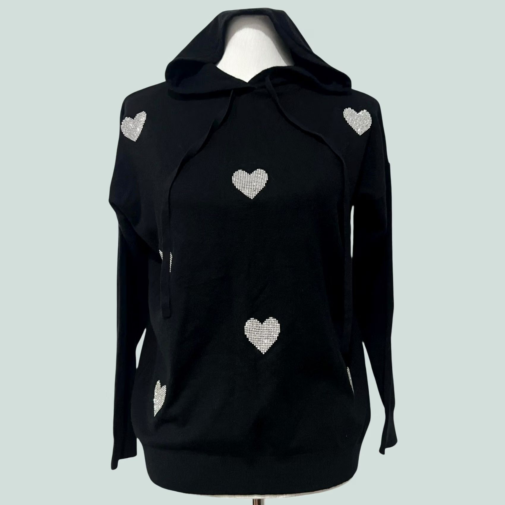Vintage Aaeda Women’s Sweater Hooded Hoodie Rhinestone Hearts Bling Black Size S Pullover Womens Size S / US 4 / IT 40 - 1 Thumbnail