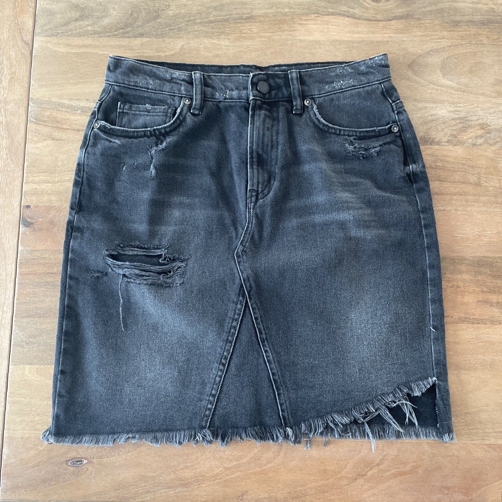 Allsaints All Saints Denim Skirt Womens 6 Black High Waist Mini Pencil Jean Distress Size 28" / US 6 / IT 42 - 2 Thumbnail