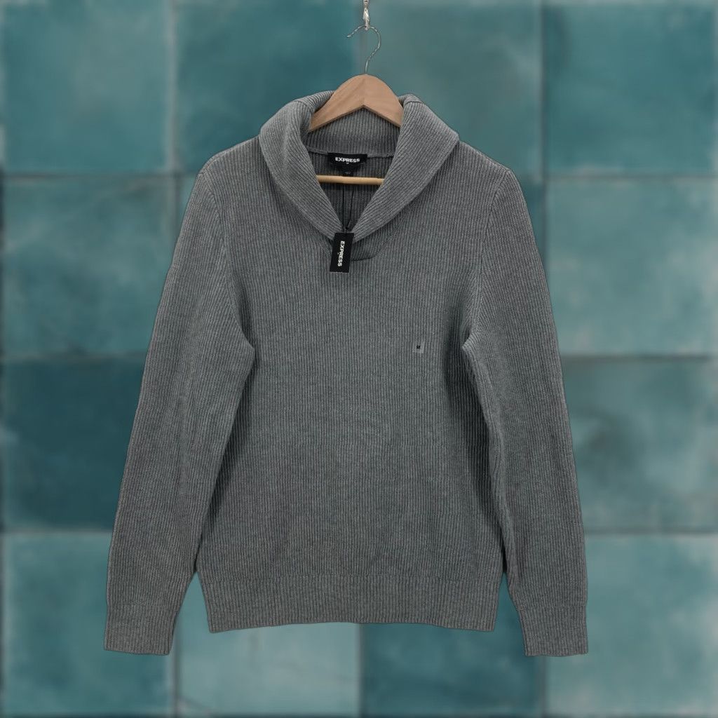 Express Express Sweater Mens Medium Gray Shawl Collar Ribbed Knit Pullover Cowl Neck NWT Size US M / EU 48-50 / 2 - 1 Thumbnail