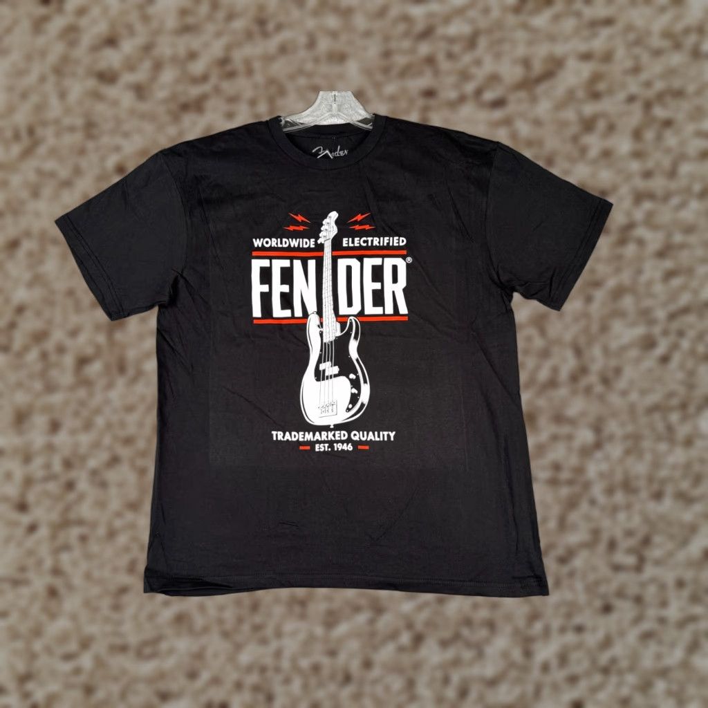 Fender Shirt Men Large Black Guitar Worldwide 1946 All Seasons Short Sleeve Crew Neck Tags Mens T-Shirt Stone?
