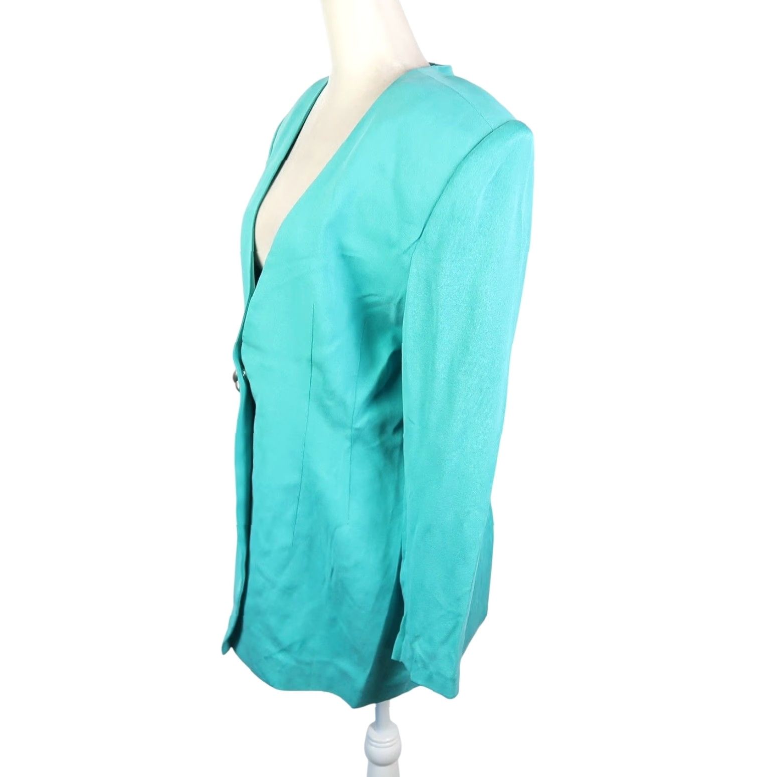 AQUA VINTAGE 80s Aqua Blue Silk Blazer Jacket Longline Collarless L Women Size L / US 10 / IT 46 - 3 Thumbnail