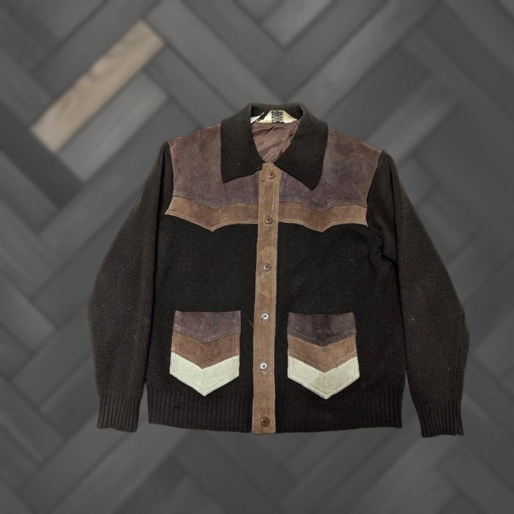 Eddie Bauer VINTAGE Eddie Bauer Sweater Cardigan Men S Wool Knit Wool Blend Leather Elbow Patches Gray/Tan 1970s Cowboy Western Cable-Knit Shawl Neckline 44LX? Size US S / EU 44-46 / 1 - 1 Thumbnail