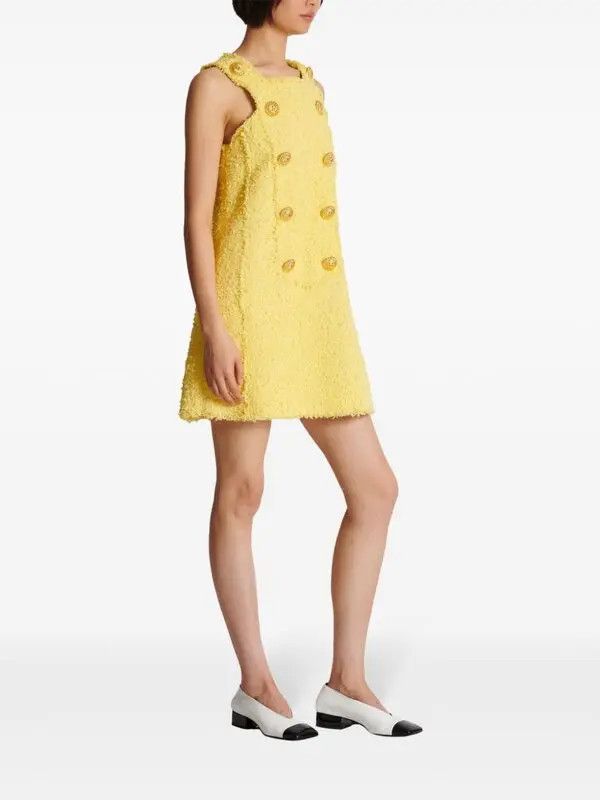 Balmain o1s1wg110825 Button Embellished Tweed Mini Dress in Yellow Size M / US 6-8 / IT 42-44 - 3 Thumbnail