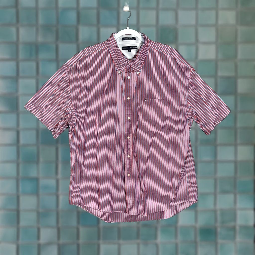 Tommy Hilfiger Button-Up Shirt Mens 2XL Red White Blue Striped Short Sleeve Button Down, Men's (Size Xxl)