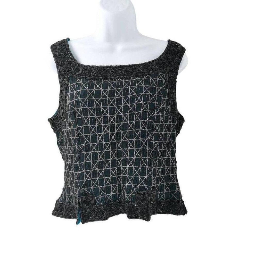 Vintage Vintage Teal Silk Sleeveless Top Hand Embellished Size L / US 10 / IT 46 - 3 Thumbnail