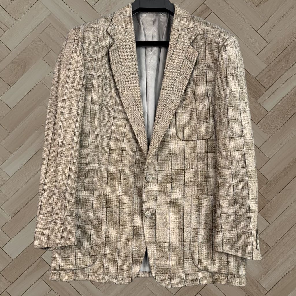 Joseph Abboud Sport Coat Brown Plaid Wool Silk Linen Usa 2 Button 44l Mens, Men's