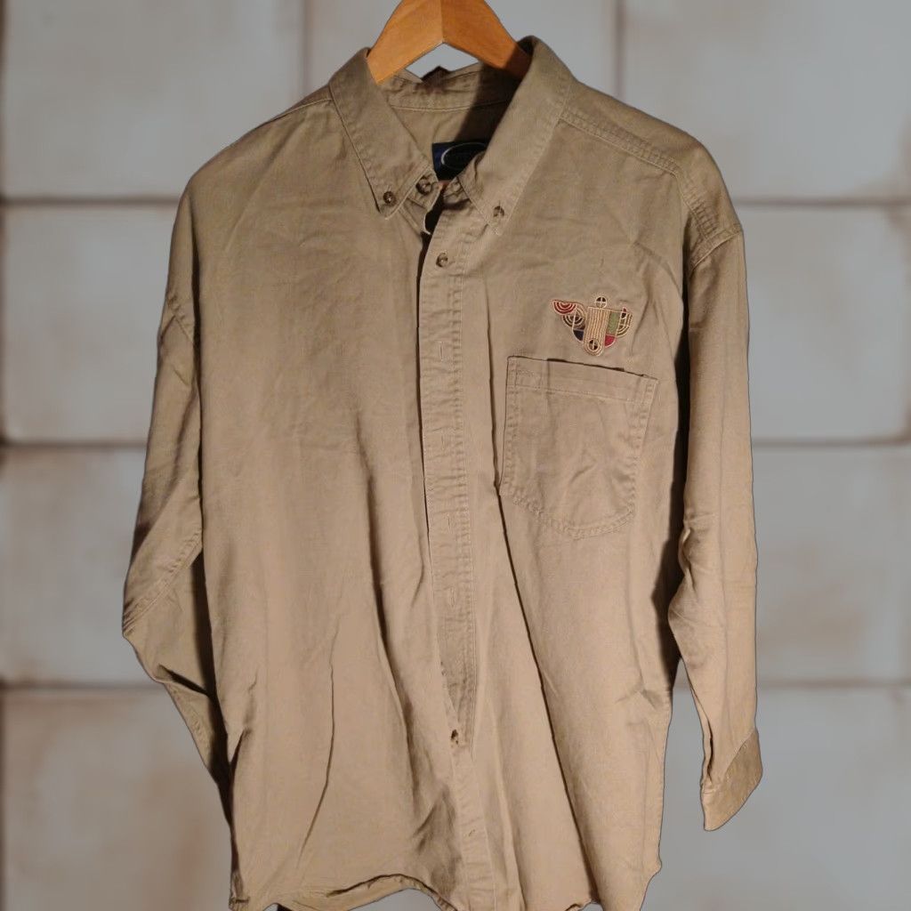 Vintage VINTAGE Rivers End Cotton Button-Down Shirt Beige Khaki Made In Oman Embroidered L Mens Shirt Size US L / EU 52-54 / 3 - 1 Thumbnail