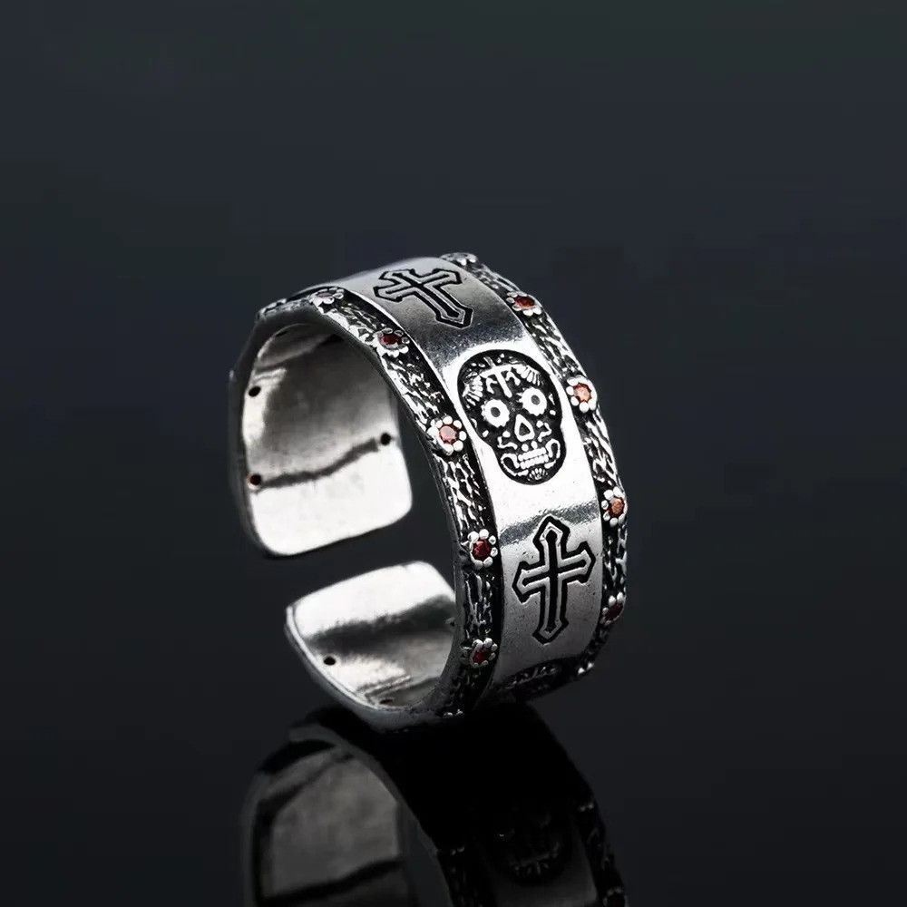 Japanese Brand Retro Cross Skull Red Crystal Ring Size ONE SIZE - 2 Thumbnail