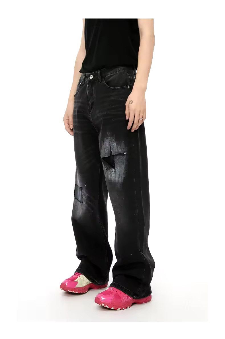Jean × Vintage Street style Hole Star Wide Leg Washed Design Jeans Size US 28 / EU 44 - 1 Thumbnail