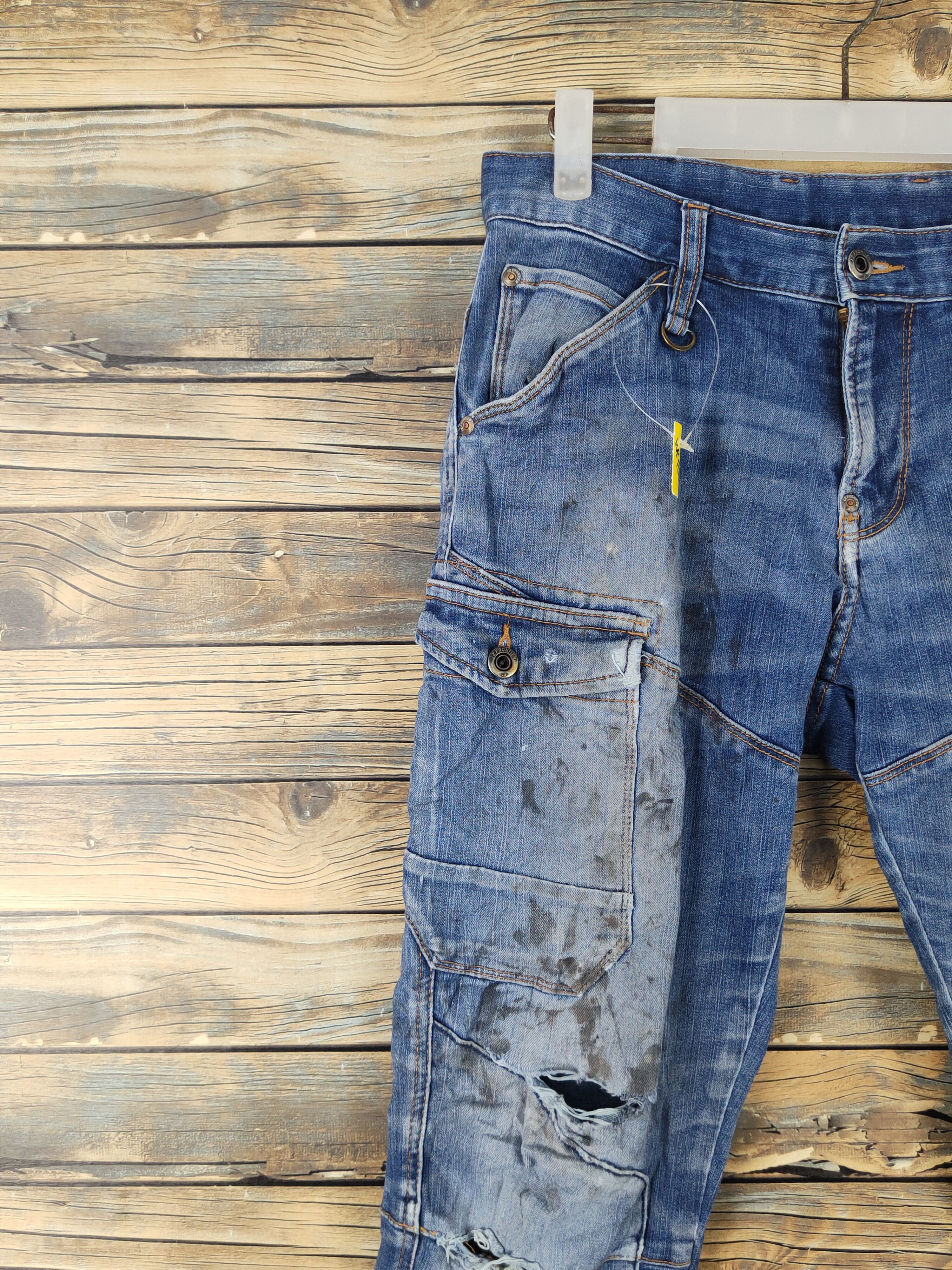 Japanese Brand I'z Frontier Dark Blue Distressed Ripped cargo Jeans #W1968 Size US 31 - 3 Thumbnail