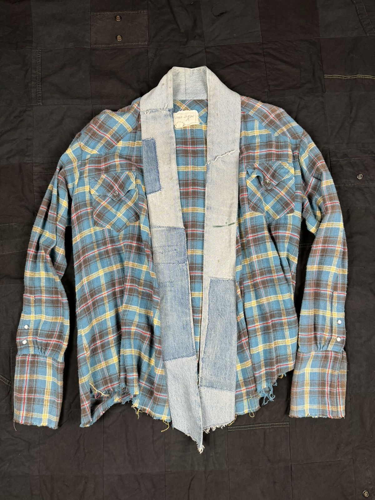 image of Greg Lauren Blue Plaid Kimono, Men's (Size Large)