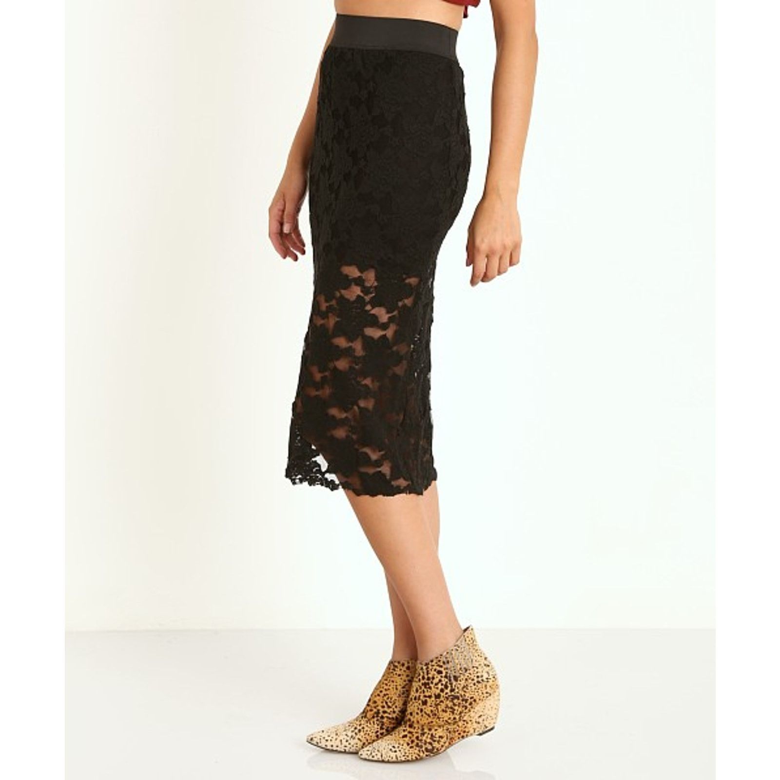 Free People New Lace Pencil Skirt Black $78 X-Small Midi Elastic Waist Size 26" / US 2 / IT 38 - 4 Thumbnail