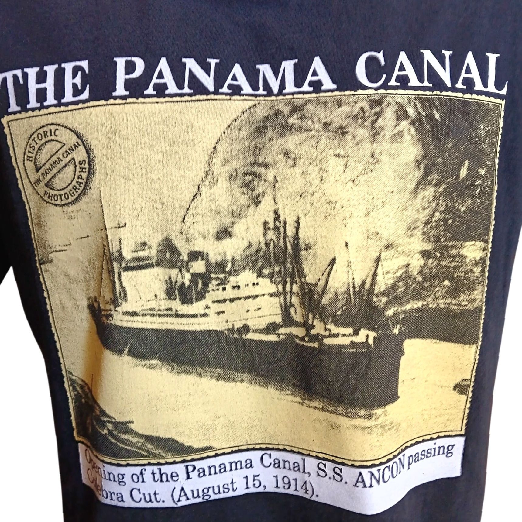 VINTAGE Panama Men's T-Shirt 1990s Graphic Print Panama Canal S.S. Ancon Crew Neck Short Sleeve Cotton Large Black Retro