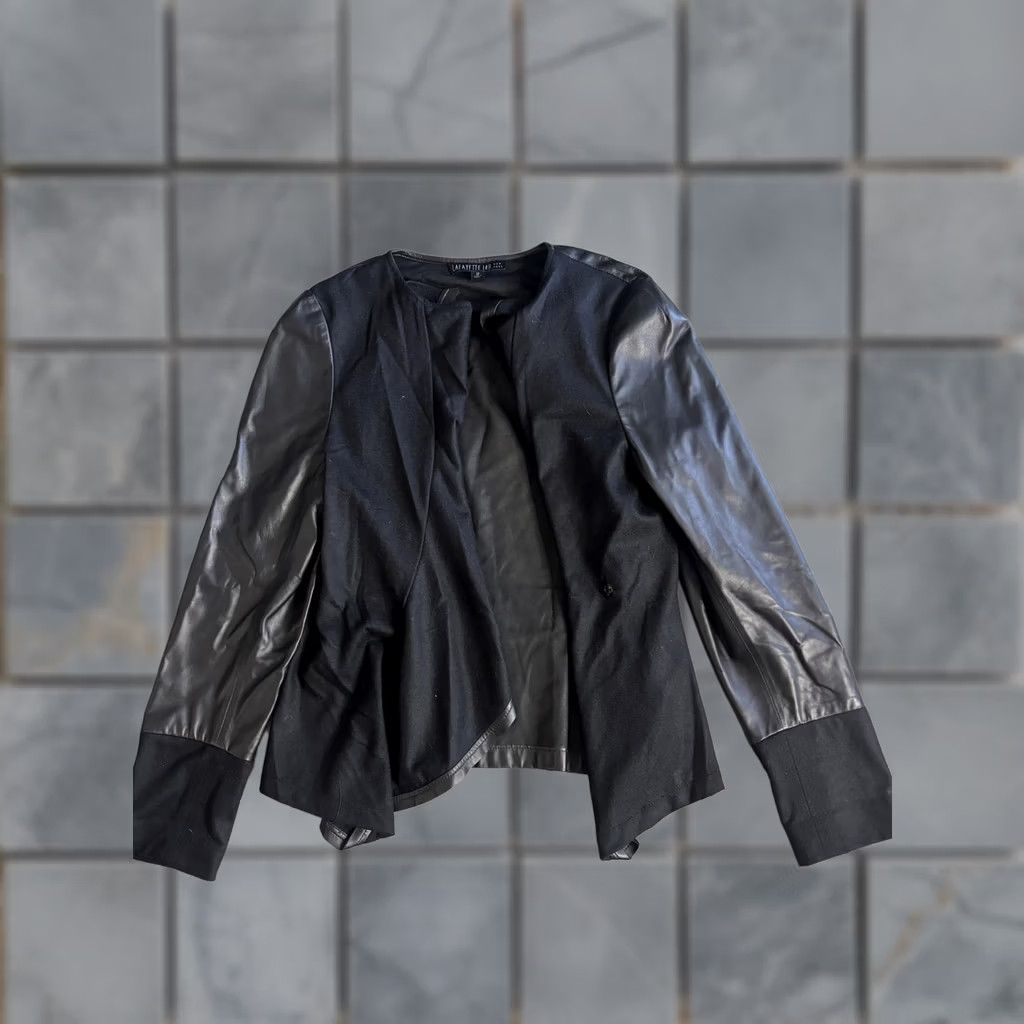 Vintage Lafayette 148 New York Jacket Womens 12 Black Leather Wool Collarless Snap Front Casual Business Women's Jacket Size XL / US 12-14 / IT 48-50 - 1 Thumbnail