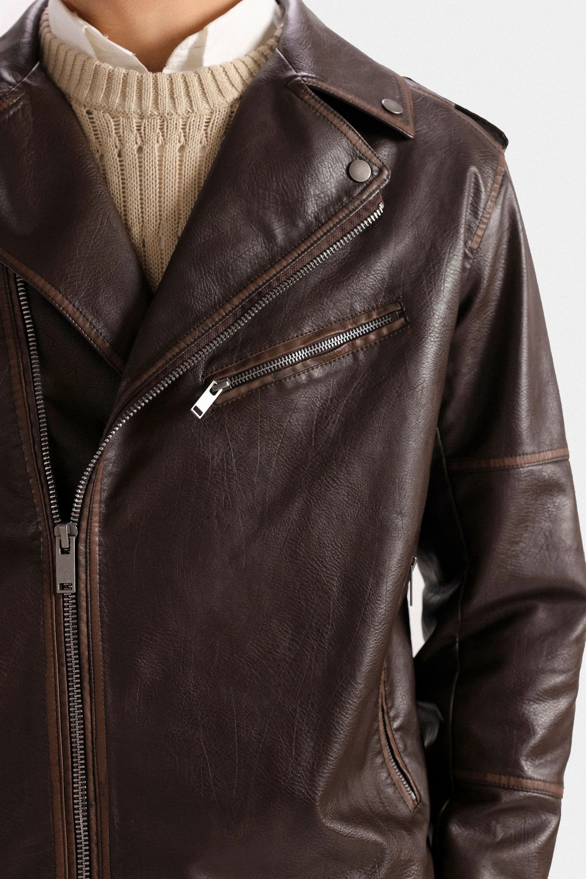 Other Men’s Brown Faux Leather Biker Jacket Zip Up Size US XL / EU 56 / 4 - 4 Thumbnail