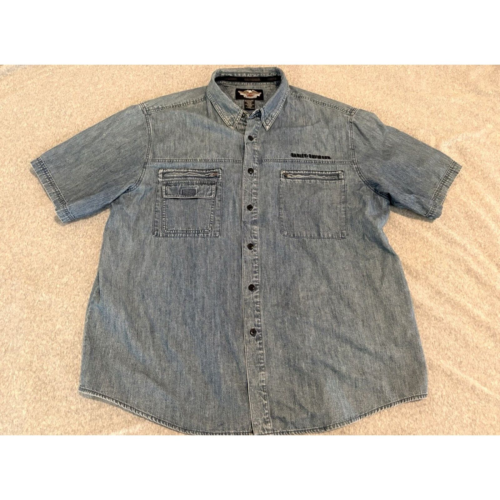 Harley Davidson Harley-Davidson Shirt Short Sleeve Denim Button-Up Blue Embroidered Mens 2XL XXL Size US XXL / EU 58 / 5 - 3 Thumbnail